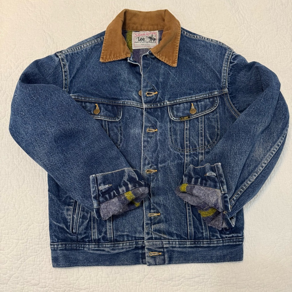 Vintage Lee Storm Rider Denim Jacket with Tan Corduroy Collar and Blanket Lined - Picture 14 of 16
